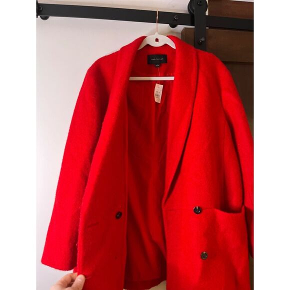 NWT Ann Taylor Candy Red Wool Blend Short Shawl Collar Cocoon Coat Size Large
